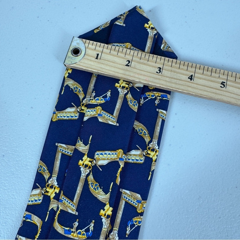 Trevisan Venezia Silk Elegant Navy and Gold Mens Tie Gondola Print Made in Italy - Picture 11 of 16